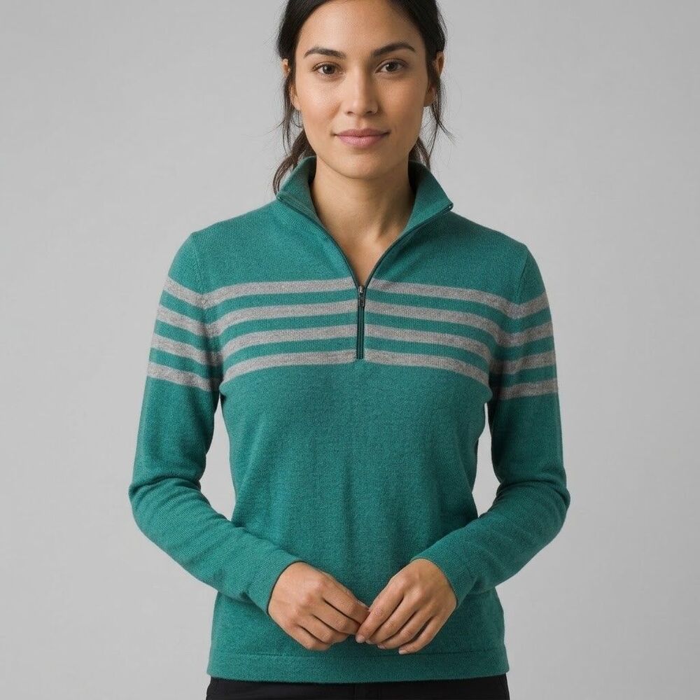 SKHOOP Merino Wool Blend 1/4 Zip Sweater Womens Sz M Teal Gray Mariner Striped